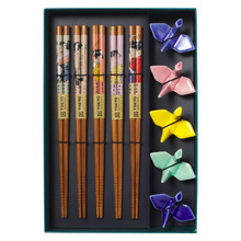 5 Pair Bamboo Chopsticks with Crane Rests Gift Set